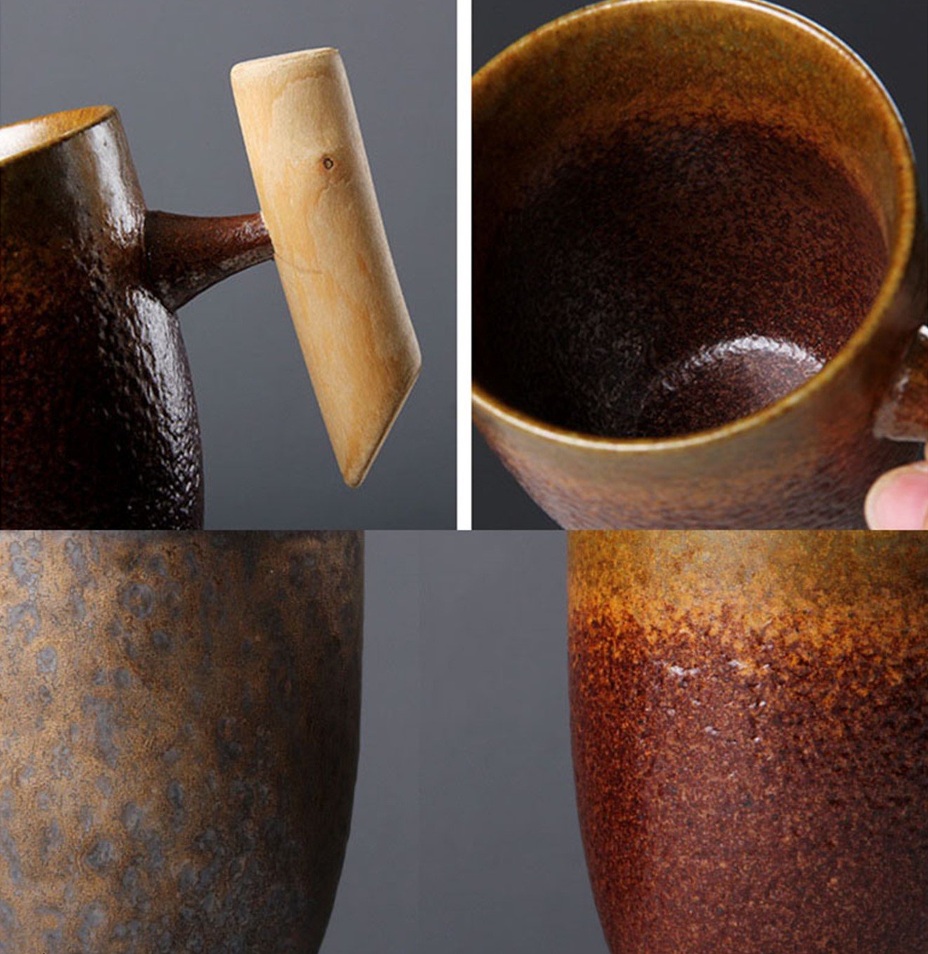 أكواب السيراميك بتأثير معدني و مقبض خشبي