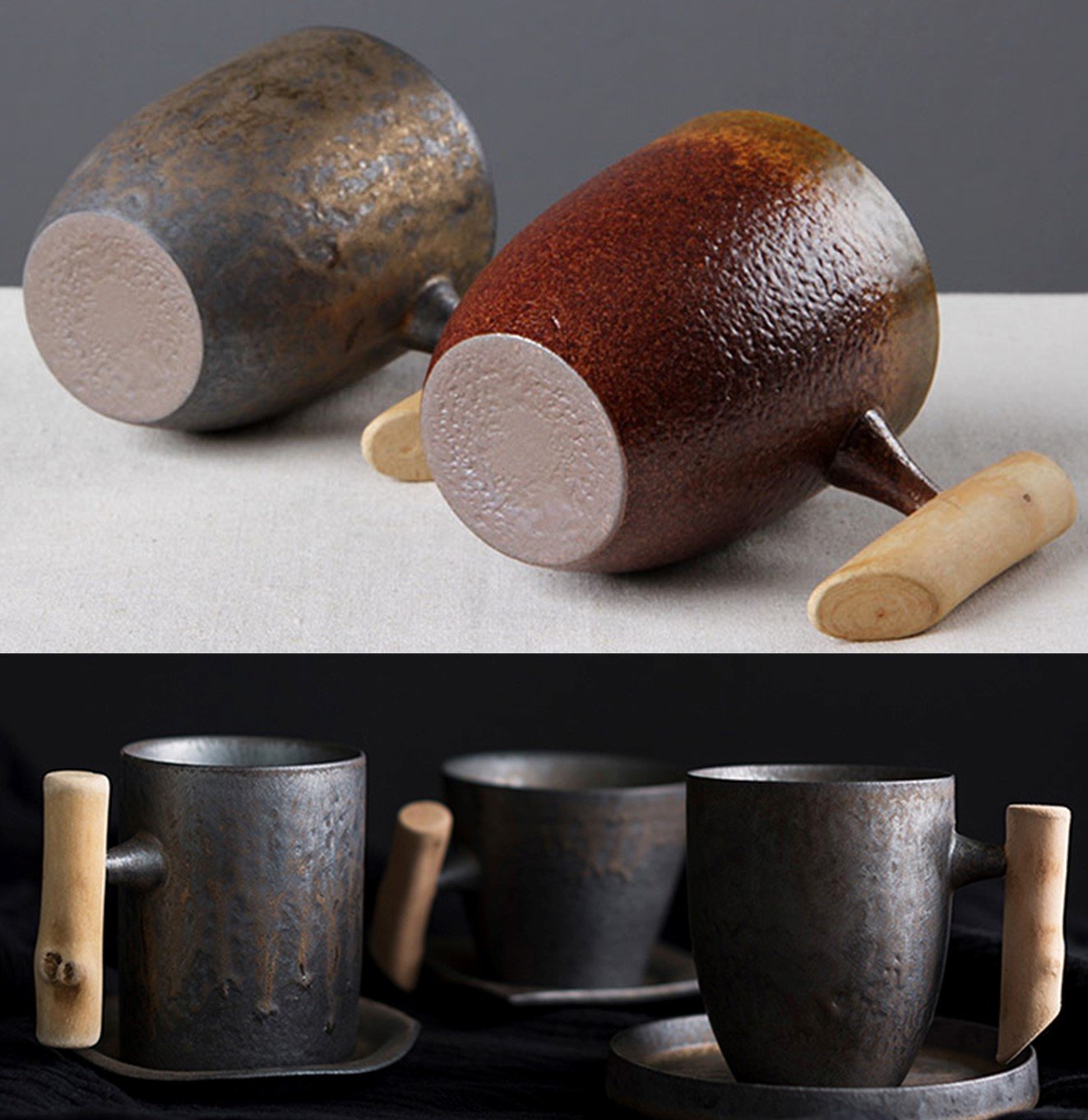 أكواب السيراميك بتأثير معدني و مقبض خشبي