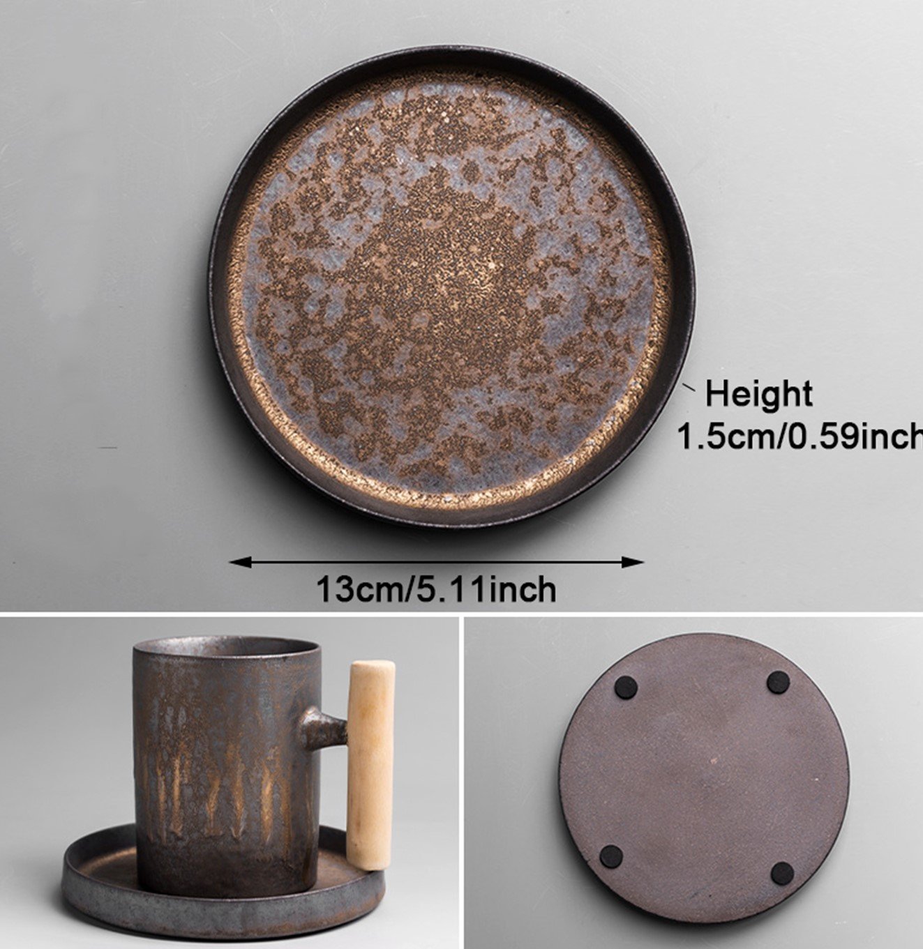 أكواب السيراميك بتأثير معدني و مقبض خشبي