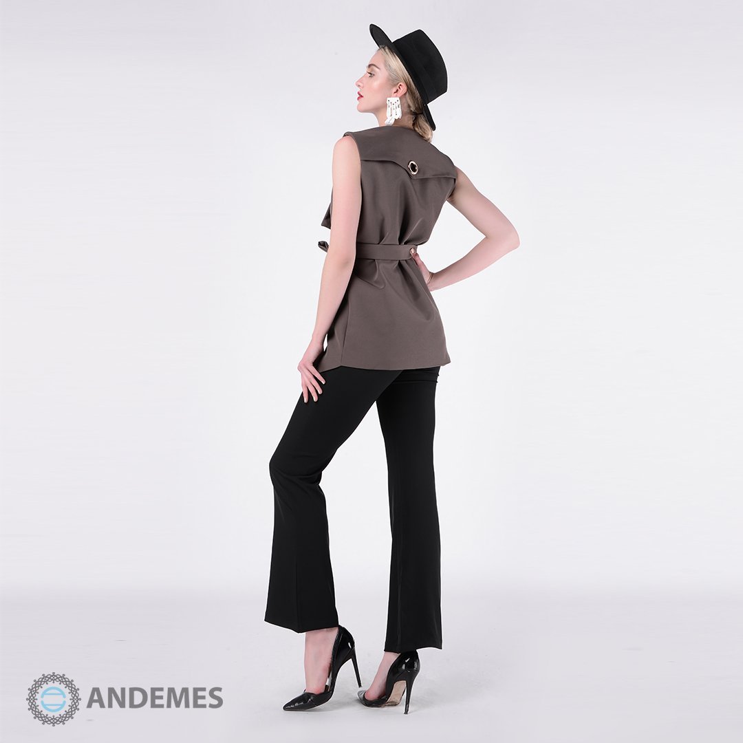 بلوزة بتصميم جاكت عصري بدون أكمام وحزام من القماش - StyleeMall