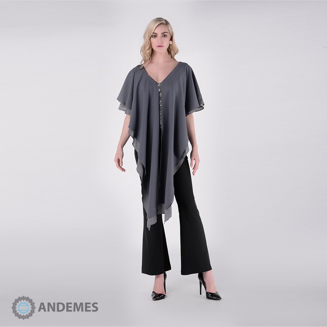 بلوزة بزخارف داخلية وقماش باللون الرصاصي والرمادي بتصميم فريد - StyleeMall