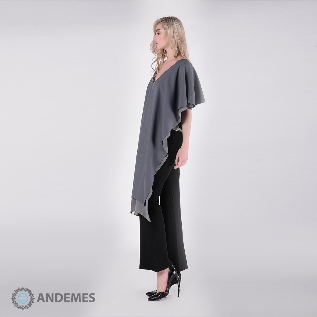 بلوزة بزخارف داخلية وقماش باللون الرصاصي والرمادي بتصميم فريد - StyleeMall