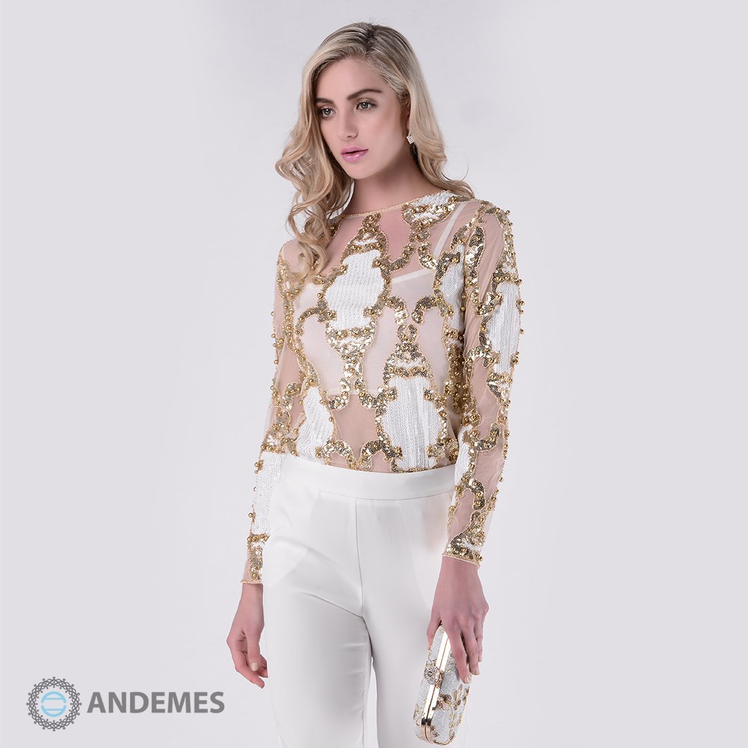 بلوزة فاخرة من الترتر الذهبي والأبيض المزين باللؤلؤ - StyleeMall