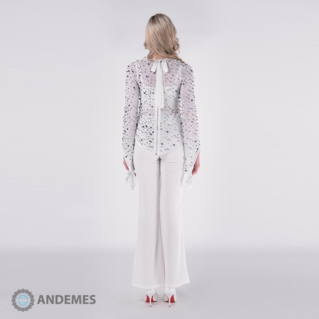 بلوزة مرصعة باللؤلؤ بأحجام مختلفة وألوان عصرية - StyleeMall