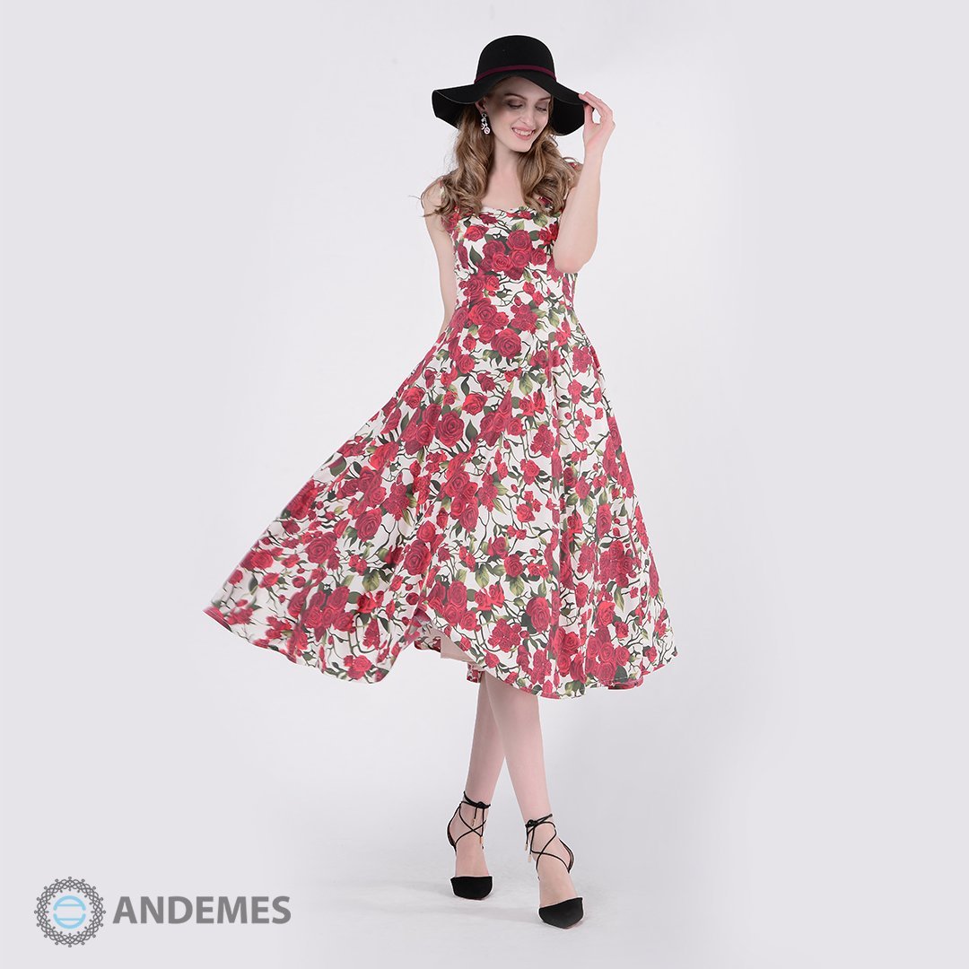 فستان أبيض من القطن مغطى برسومات الأزهار الحمراء - StyleeMall