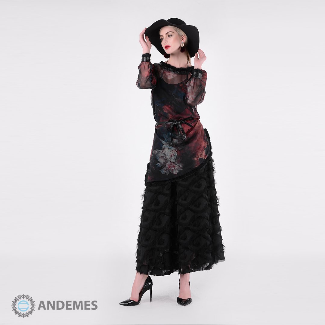 فستان أسود من قطعتين مزينة بالريش - StyleeMall