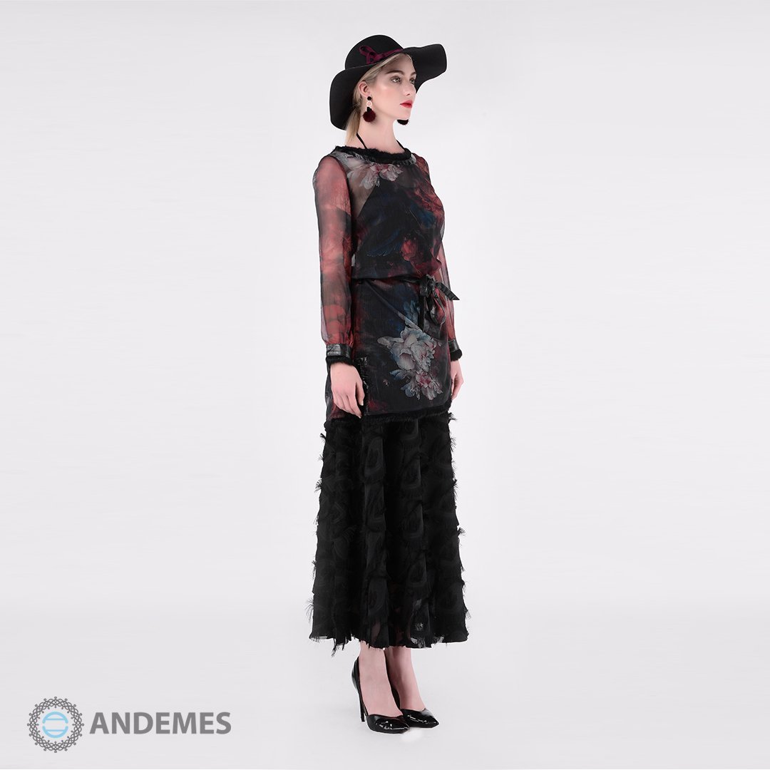 فستان أسود من قطعتين مزينة بالريش - StyleeMall