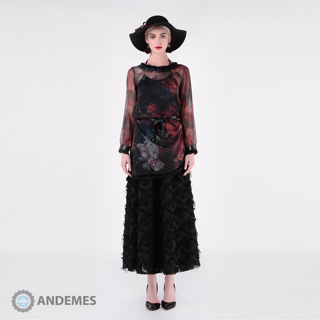 فستان أسود من قطعتين مزينة بالريش - StyleeMall