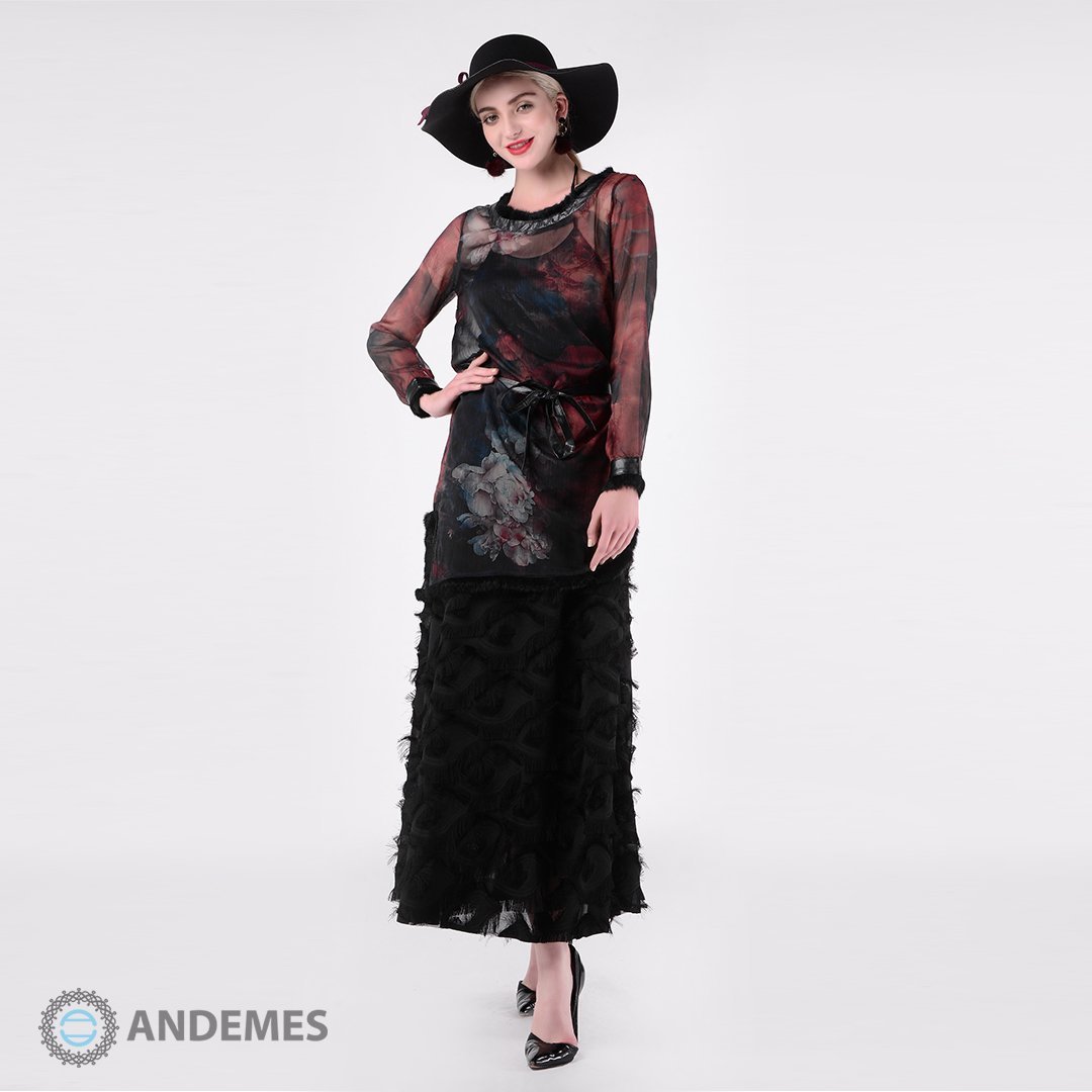 فستان أسود من قطعتين مزينة بالريش - StyleeMall