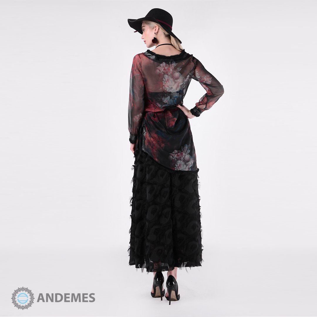 فستان أسود من قطعتين مزينة بالريش - StyleeMall