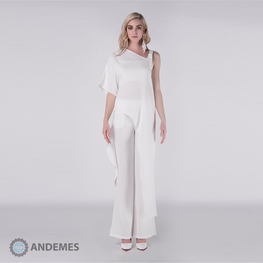 طقم بنطال وبلوزة بيضاء بتصميم عصري وفريد - StyleeMall