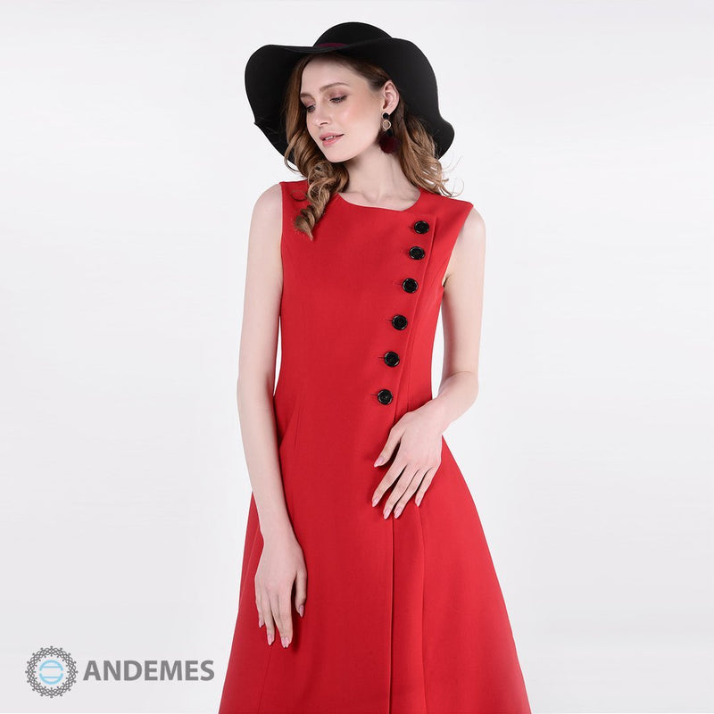 فستان مناسبات أحمر، بأزرار سوداء - StyleeMall